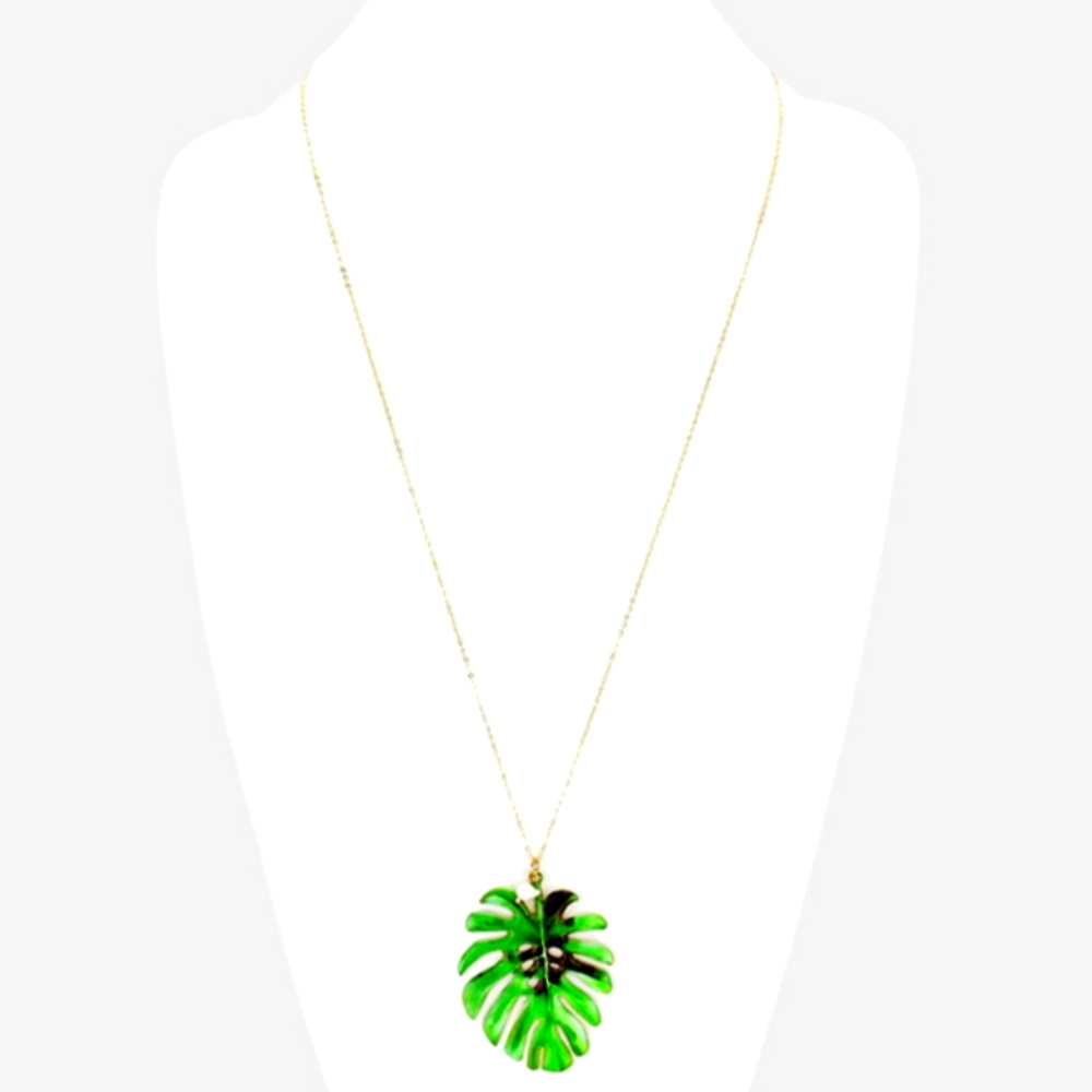 Tropical Leaf Pendant Long Necklace & Earrings Set